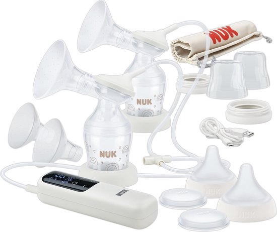 NUK Soft & Easy dubbele elektrische borstkolf set - 100% siliconen zachte cups - Klein, licht en stil - Oplaadbare batterij voor op reis - Cups van 24 en 27 mm - 2 Perfect Match mm-flessen van Nuk