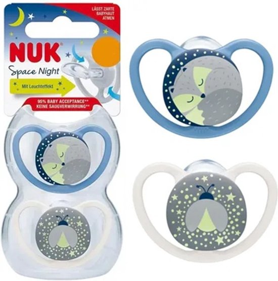 Nuk Space Night- siliconen fopspenen, 2st. set- gloeit in het donker- blauw 0-6 maanden van Merkloos