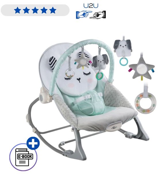 Nukido Wipstoel Baby met Vibratie Multifunctionele Baby Bouncer met Speelboog en Verstelbare Rugleuning Veilig 3-Puntsgordel Anti-Slip Voeten Comfortabel Ligstoeltje Vanaf 0 Jaar Tot 18kg Rustgevend Design Met Ebook van Merkloos