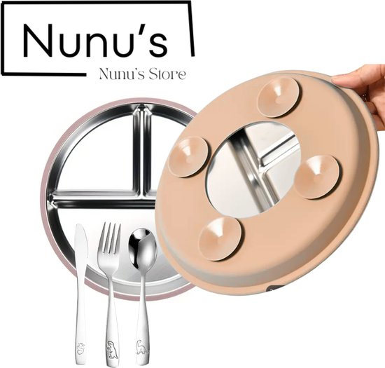Nunu’s® RVS Kinderservies Set - Bord met 3 Vakken + Zuignappen, Lepel, Vork & Mes - Antislip & BPA-vrij - Hygiënisch Baby & Peuter Servies van Nunu’s®
