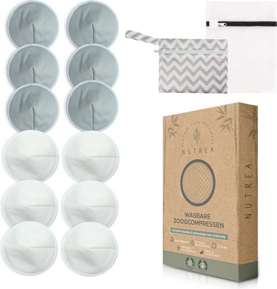 Nutrea – Wasbare Zoogcompressen – Herbruikbare Borstcompressen – 12 stuks - ø12cm - met Opbergzakje en Waszakje van Nutrea