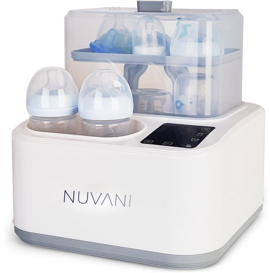 NUVANI 8-in-1 Flessen sterilisator Elektrisch – Stoomsterilisator voor Babyflessen met Droogfunctie – Stoom kookfunctie Incl. Porselein potje en Flessenwarmer – Steriliseer tot 6 Babyflessen Tegelijk – Flessen Sterilisator van NUVANI