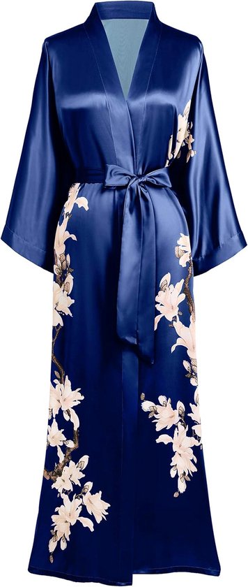 Ochtendjas, kimono, bloemen, tak, bedrukt, lang, navyblauw