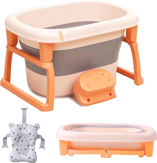 OFMOTRA Babybadje Opvouwbaar - 4 in 1 - Baby Bad - Zitbad - Met badkruk - baby badkussen - kinderbad - Opvouwbaar bad - Oranje van OFMOTRA