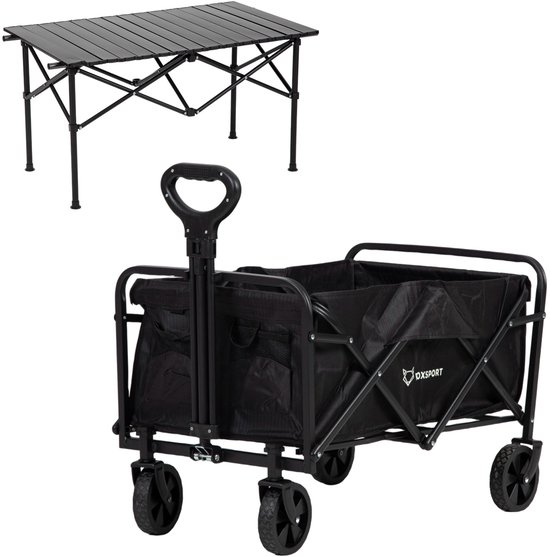 OFMOTRA Bolderkar - Opvouwbaar - 75KG Draagkracht - Draaibare wielen mét rem - met zwart kampeertafel - Verstelbare hendel - Bolderwagen - Transportkar - Handige opbergvakken - Zwart van OFMOTRA