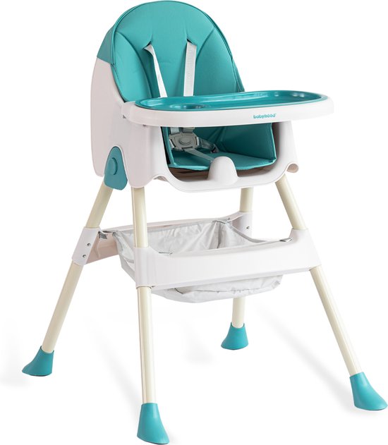 OFMOTRA Kinderstoel 3 in 1 - Inklapbare Eetstoel - Kinderzetel - met opbergmand - Verstelbaar Baby Stoel - Peuterstoel - 5-punts Gordel - Uitneembaar lederen kussen - Meegroei Stoel - Blauw van OFMOTRA
