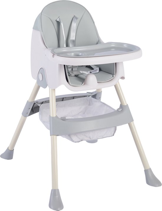 OFMOTRA Kinderstoel 3 in 1 - Inklapbare Eetstoel - Kinderzetel - met opbergmand - Verstelbaar Baby Stoel - Peuterstoel - 5-punts Gordel - Uitneembaar lederen kussen - Meegroei Stoel - Grijs van OFMOTRA