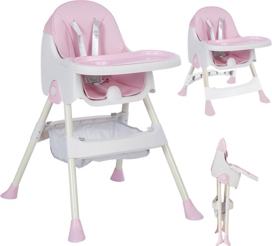 OFMOTRA Kinderstoel 3 in 1 - Inklapbare Eetstoel - Kinderzetel - met opbergmand - Verstelbaar Baby Stoel - Peuterstoel - 5-punts Gordel - Uitneembaar lederen kussen - Meegroei Stoel - Roze van Merkloos