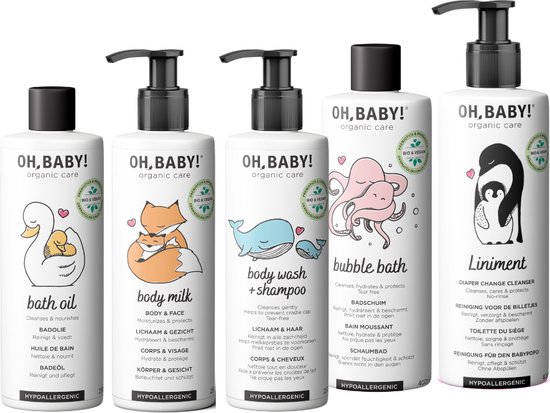 Oh, Baby! Collection (3*250ml + 2*400ml) | Natuurlijk, biologisch & vegan voor baby's en kinderen | Body Wash & Shampoo + Badolie + Badschuim + Lichaamsmelk + Liniment van Merkloos