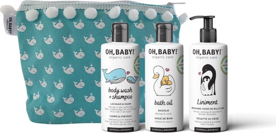 Oh, Baby! Essentials (3*150ml) | Natuurlijk, biologisch & vegan voor baby's en kinderen | Body Wash & Shampoo + Badolie + Liniment + Gratis Toilettasje van Merkloos