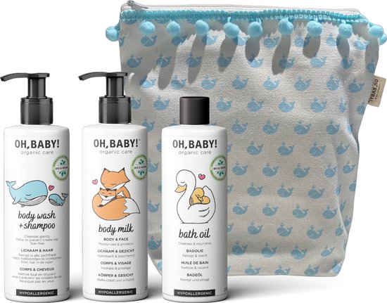 Oh, Baby! Gevulde Toilettas (3*250ml)| Natuurlijk, biologisch & vegan voor baby's en kinderen | Body Wash & Shampoo + Badolie + Lichaamsmelk + Gratis Toilettasje van Naïf
