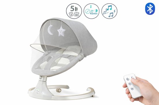 Ohana DT - Elektrische Wipstoel Baby - Elektrische Babyschommel - Muziek Via Bluetooth - Afstandsbediening - Stevig Frame - Grijs van Merkloos