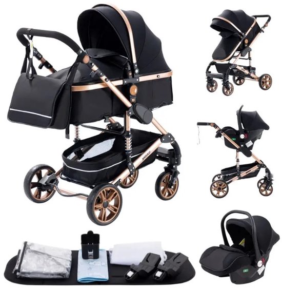 Ohana DT - Luxe Kinderwagen 3 in 1 - Wandelwagen - Autostoeltje - Buggy - Aluminium Frame - Opvouwbaar - 0-36 Maanden - Zwart van Merkloos