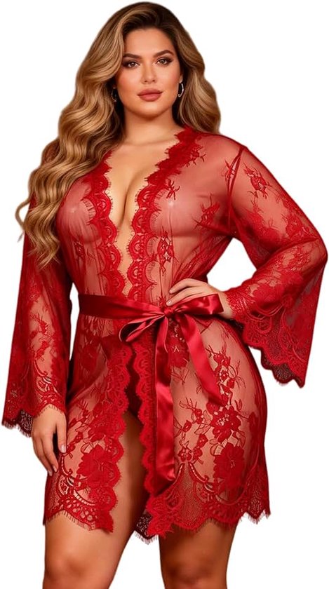 Ohmydear Dames ochtendjas kimono korte robe sexy kanten nachtkleding vrouwen mollige negligé lingerie curvy nachtjapon grote maat diepe V-hals nachtjurk met G-string riem zwart XS-S