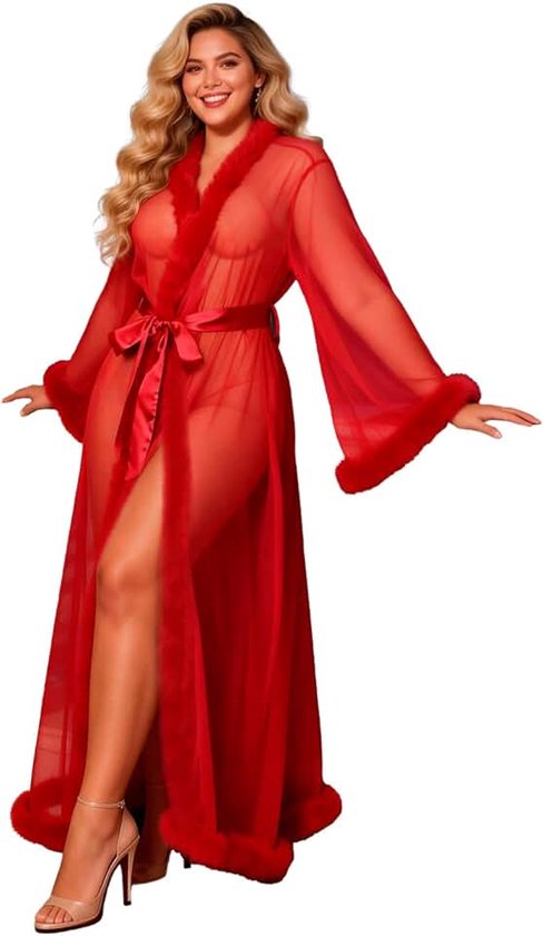 Ohyeahlady Kimono voor dames, transparant, kant, ochtendjas, verenrobe, nachtkleding, sexy, chiffon, lingerie, lange maxi-jurk, zwangerschapsjurk met riem