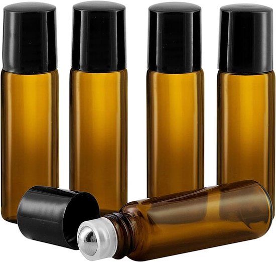 Oil Roll-On Bottles 5ml– Set of 5 Refillable Amber Glass Containers perfect for Aromatherapy - Perfume - Massage Oils - Ideal Travel Size with a Leakproof Design