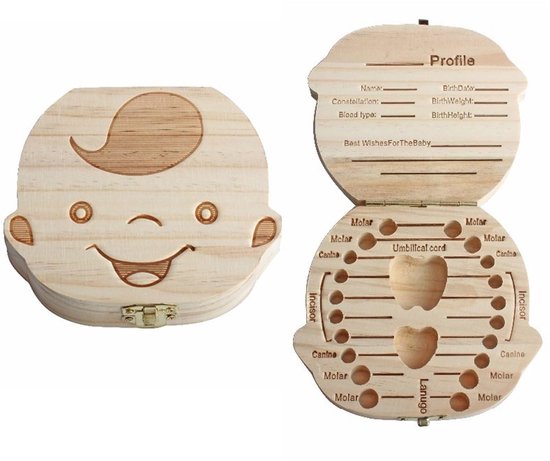 Okado Houten Tandendoos Jongen - Melktanden en Haarlok - 12,5 cm