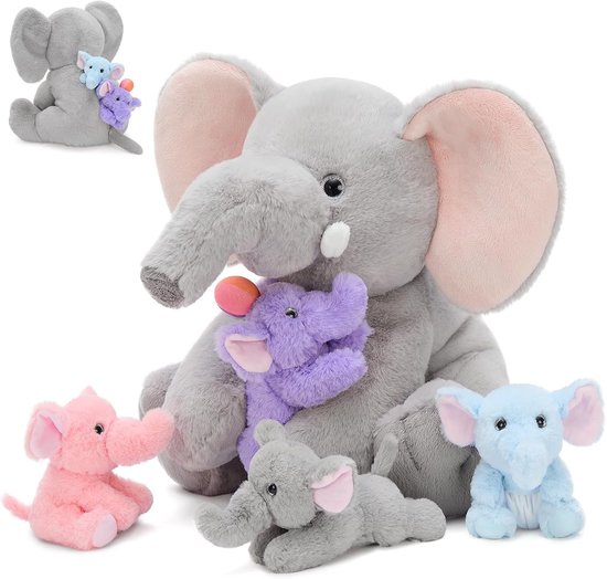 Olifant knuffel - Pluche dier - Verzamelobject - Met 3 baby's - 40 cm - Lichtgrijs-roze van Olifant