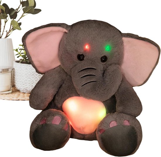 Olifant Knuffeldier - Pluche Speelgoed - Rustgevende Verlichting - Kleurwisselend LED - 36 cm - Grijs