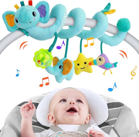 OLOEY Spiraalvormig autostoeltje speelgoed-hangspeelgoed voor kinderwagen of babybedje met rammelaar-piepje en belletje voor wieg-kinderwagen of ledikant voor pasgeboren baby's(jongens en meisjes)van 0-12 maanden