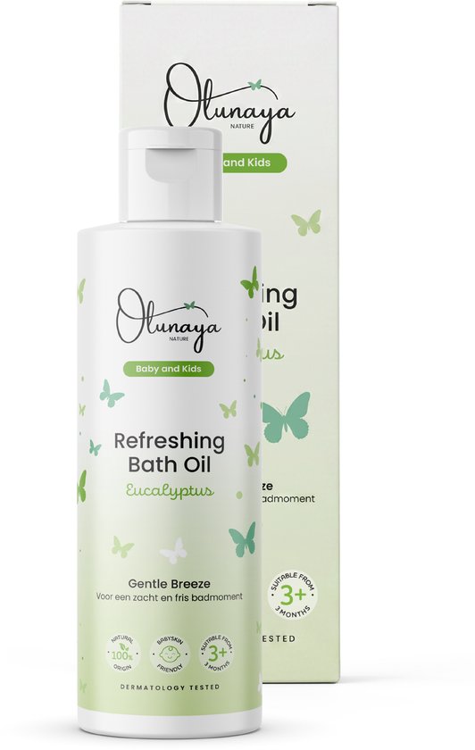 Olunaya Baby Badolie met Eucalyptus, Lavendel en Sinaasappel | Badolie voor Baby, Peuter en Kind | Gevoelige en Droge Huid | Amandelolie, Calendula en Kamille | Natuurlijke Babyverzorging | Kraamcadeau | Gentle Breeze 120 ml