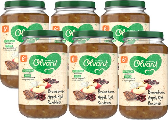 Olvarit Babymaaltijd 6+ Maanden – Bruine Bonen Appel Rijst Rundvlees – 6 x 200g van Olvarit
