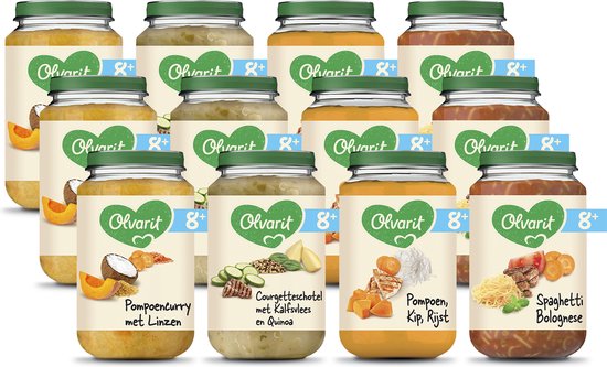 Olvarit Variatiemenu Babymaaltijd 8+ Maanden - Versie 2 - 4 Smaken - 12 x 200g van Merkloos