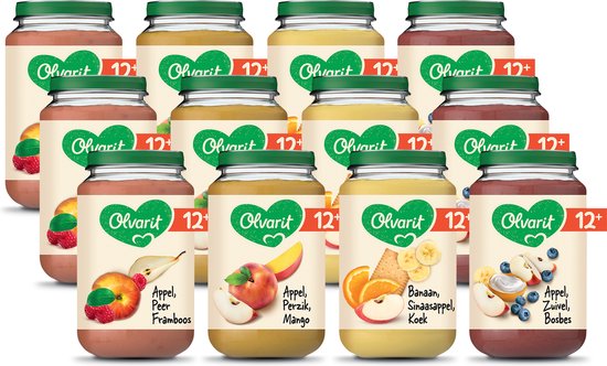 Olvarit Variatiemenu Fruithapjes 12+ Maanden - 4 Smaken – 12 x 200g van Olvarit
