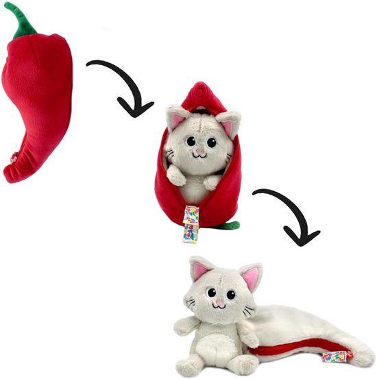 Omkeerbaar Pluche Dier - Knuffel Kat Chili - Kinderen Spelen - Magische Oren Ritssluiting - 20 cm - Rood Grijs