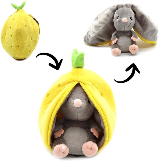 Omkeerbare Knuffel - Pluche Muis Citroen - Baby Speelgoed - 2-in-1 Verstop Diertje - 22 x 15 x 13 cm