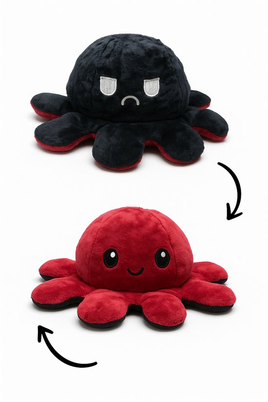 Omkeerbare Octopus Knuffel - Mood Knuffel met Emotie - Schattige Flip Knuffel - Emotionele Support - Zacht Pluche - Dubbelzijdig - 20x20x10 cm - Kleur Wisselend Gezicht - Zwart / Donker Rood van Wild Things