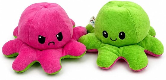 Omkeerbare Octopus Knuffel - Pluche Dier Dubbelzijdig - Gevoelens Uiten - Twee Emoties - 20 cm - Wit Roze Groen