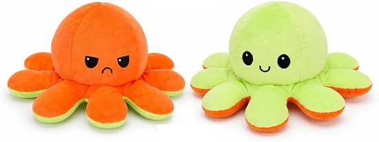Omkeerbare Octopus Knuffel - Pluche Dier Tweezijdig - Gevoelens Uiten - Twee Verschillende Gezichtjes - 30 cm - Groen Oranje