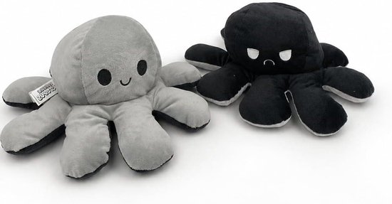 Omkeerbare Octopus - Knuffeldier Dubbelzijdig - Gevoelens Uiten - Twee Emoties - 17 x 12 cm - Wit Zwart