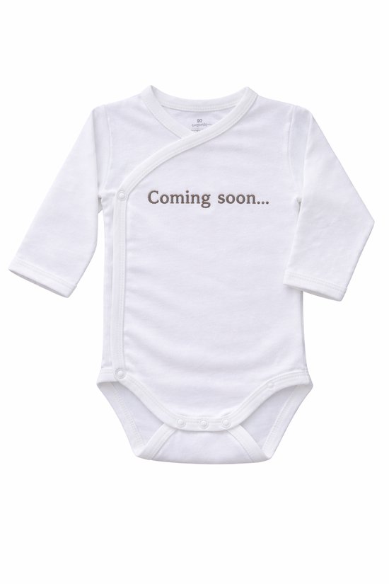 Omslag Romper Baby – Coming soon– Geborduurd – Newborn Cadeau – Unisex / Romper zwangerschapsaankondiging – Unisex babykleding - omslagromper - 100% katoen - baby aankondiging - originele zwangerschaps reveal van Merkloos