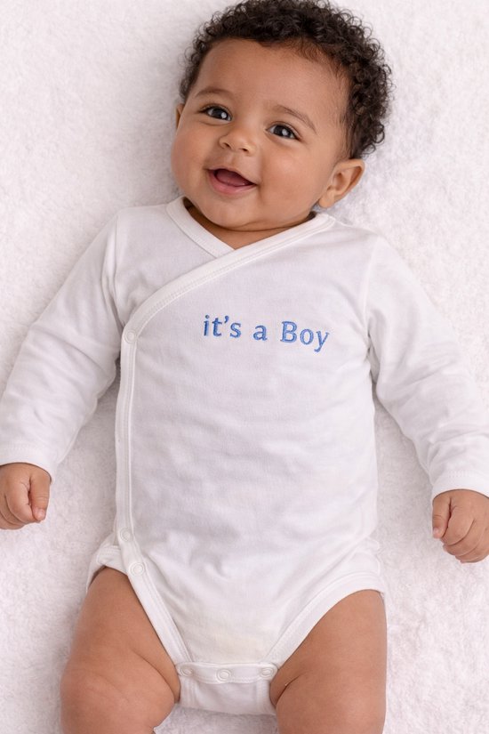 Omslag Romper Baby – it's a boy – Zwangerschap Aankondiging jongen – Geborduurd – Newborn Cadeau – Unisex / Romper zwangerschapsaankondiging – Unisex babykleding - omslagromper - 100% katoen - baby aankondiging - originele zwangerschaps reveal van Merkloos
