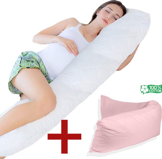 Ondersteunend Lichaamskussen + 1x katoenen kussensloop - 45 x 145cm - Body Pillow - Zwangerschapskussen - Body Pillow - Lichaamskussen - 145 cm - Voedingskussen - Zijslaapkussen - Sluimerrol - Afneembaar hoes premium body pillow lichaamskussen van Snooztime.