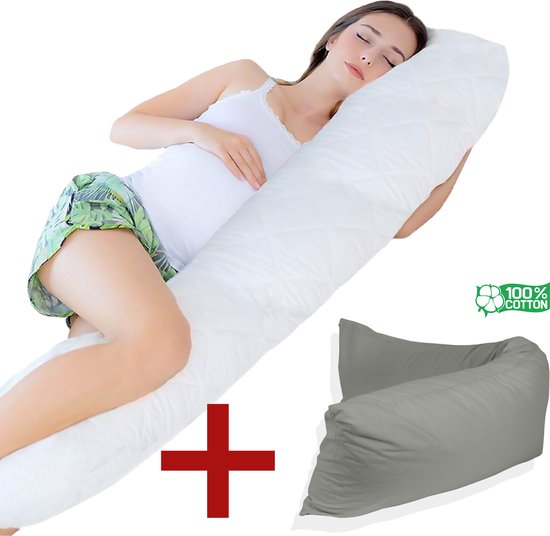 Ondersteunend Lichaamskussen + 1x katoenen kussensloop - 45 x 145cm - Grijs - Body Pillow - Zwangerschapskussen - Body Pillow - Lichaamskussen - Voedingskussen - Zijslaapkussen - Sluimerrol - Afneembaar hoes premium body pillow lichaamskussen van Merkloos