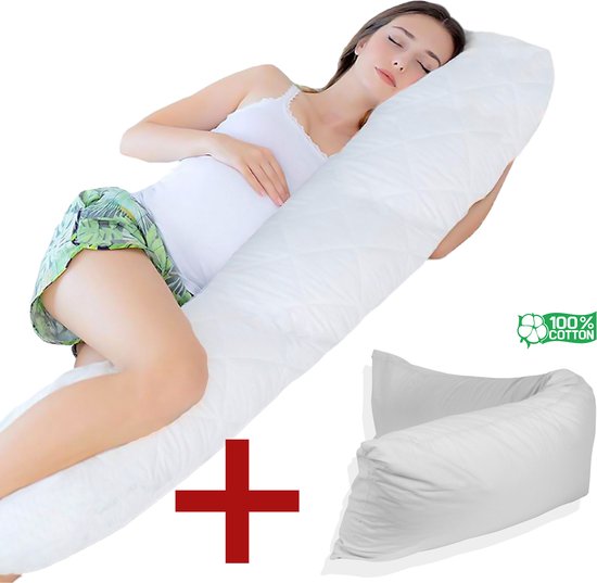 Ondersteunend Lichaamskussen + 1x katoenen kussensloop - 45 x 145cm - Wit - Body Pillow - Zwangerschapskussen - Body Pillow - Lichaamskussen - Voedingskussen - Zijslaapkussen - Sluimerrol - Afneembaar hoes premium body pillow lichaamskussen van Merkloos