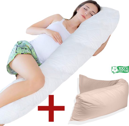 Ondersteunend Lichaamskussen + 1x katoenen kussensloop - 45 x 145cm - Zand - Body Pillow - Zwangerschapskussen - Body Pillow - Lichaamskussen - Voedingskussen - Zijslaapkussen - Sluimerrol - Afneembaar hoes premium body pillow lichaamskussen van Sluimer.