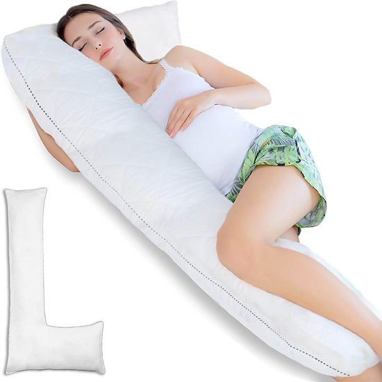 Ondersteunend Lichaamskussen - 80 x 150cm - Wit - Body Pillow - Zwangerschapskussen - L vorm- Lichaamskussen - 150 cm - Voedingskussen - Zijslaapkussen - Sluimerrol - Afneembaar hoes premium body pillow lichaamskussen van Snoozzz