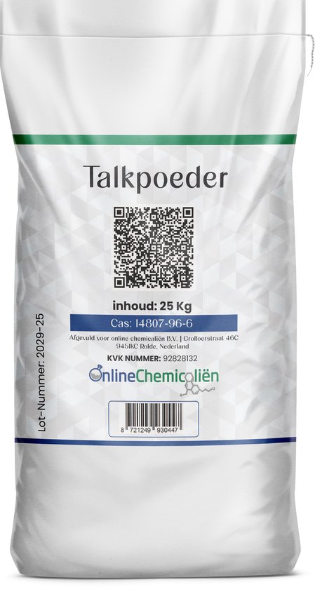 Online chemicaliën Talkpoeder 25 Kilogram – Talkpoeder Volwassenen – Huidverzorging voor hem en haar – talkpoeder ongeparfumeerd – Talk poeder kopen onbewerkt van Online Chemicaliën