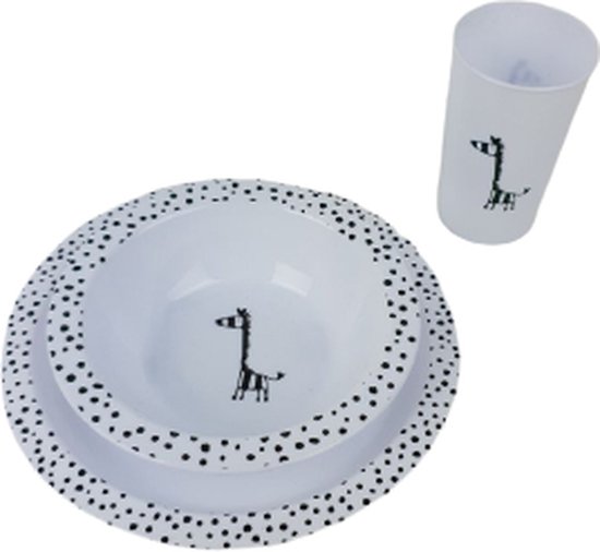 Ontbijt set -  Bord - Beker - Schaaltje - Kommetje - Giraffe - Zwart / Wit - Kunststof van Mica Decorations