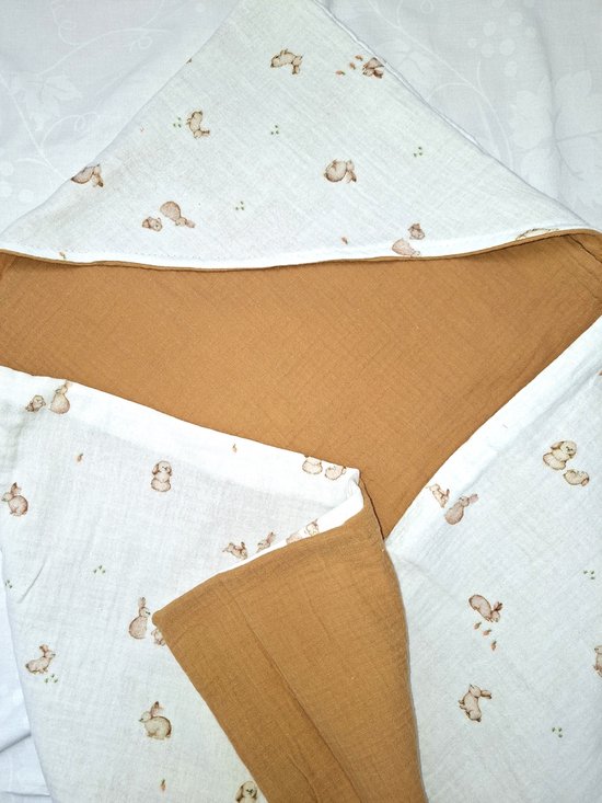 Oogappel-Konijntjes Cottonsoft Hydrofiel Badcape Baby 75x75 cm Kraam Cadeau -Offwhite-Karamel