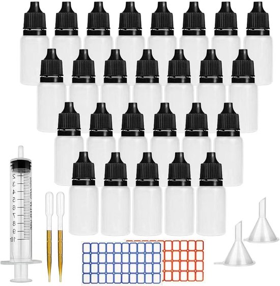 Oogdruppelflesjes 26 Stuks, Knijpflessen met Trechters en Reageerbuisjes, 10 ml - Vloeibare Druppelflesjes
