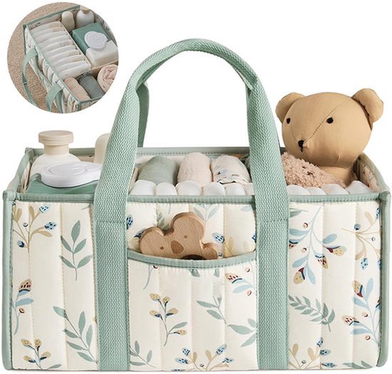 Opbergmand voor luiers met bloemenpatroon — Organizer voor de commode — Ruime opbergbak met tussenschotten en handvatten — Decoratie voor de babykamer — Groen van Merkloos
