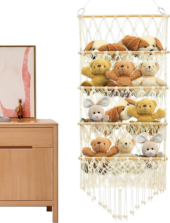 Opbergnet Knuffels - Pluche Houder - Ruimte Besparen - Verticale Hoekophanging - 15x53x8 cm - Boho