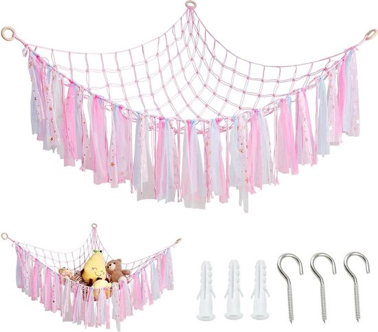 Opbergnet Knuffels - Speelgoed Organizer - Kamer Opruimen - Bohemien Ontwerp - Tot 50 Knuffels - Roze
