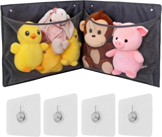 Opbergnet Knuffels - Wand organizer - Kinderslaapkamer inrichten - Ruimtebesparend ontwerp - 120 x 46 cm - Zwart