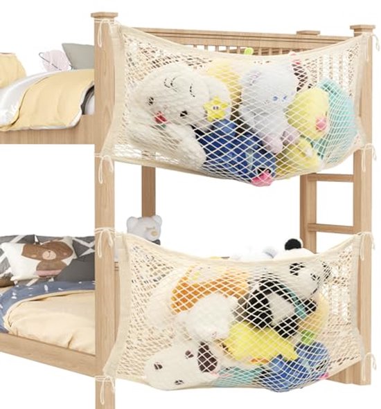 Opbergnet voor knuffeldieren - Zachte speelgoedorganizer voor kinderen - Hangend katoenen net voor slaapkamer (beige, set van 2) van Merkloos